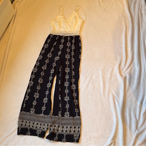 a'gaci Pants & Jumpsuits Agaci Blue And White Jumpsuit Poshmark